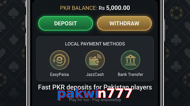 Deposit and withdrawal screen with PKR methods